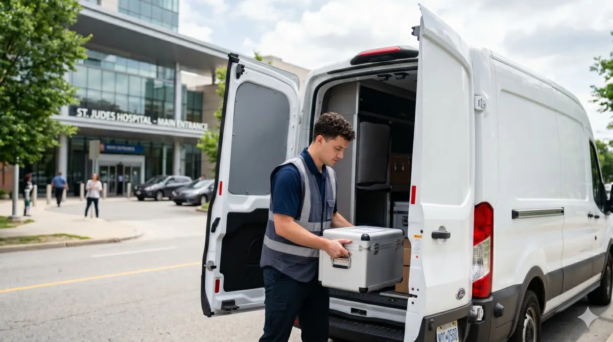 Medical courier loading temperature-controlled container at hospital